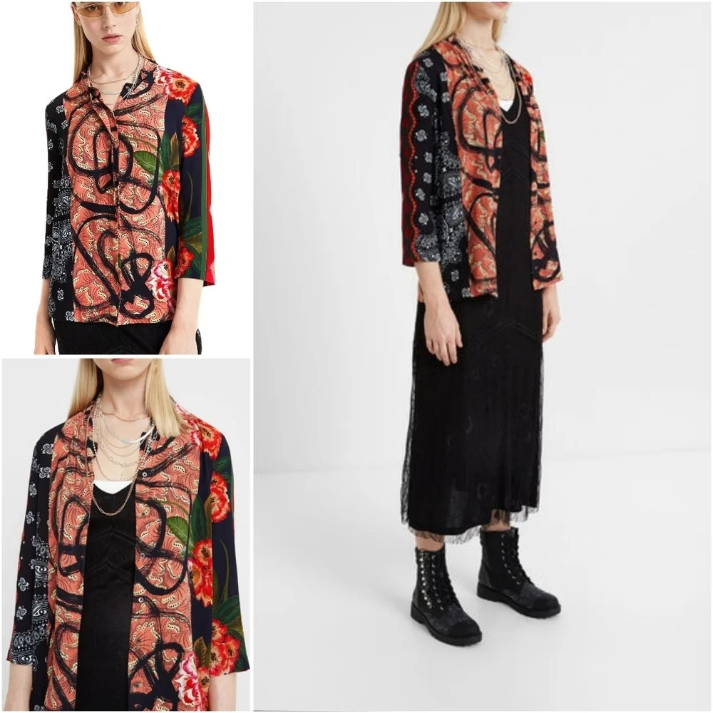 🔥 (5for$35) DESIGUAL Oriental Boho Button Down Shirt Satin Cam Jenica Abstract